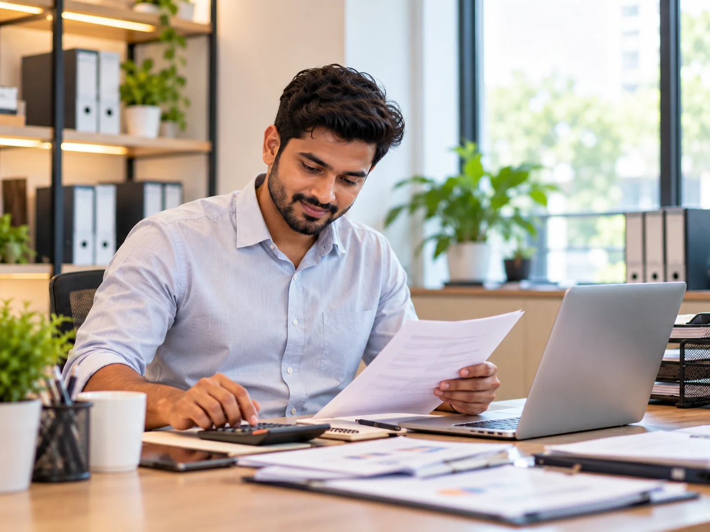 Business administrator reviewing documents at a desk